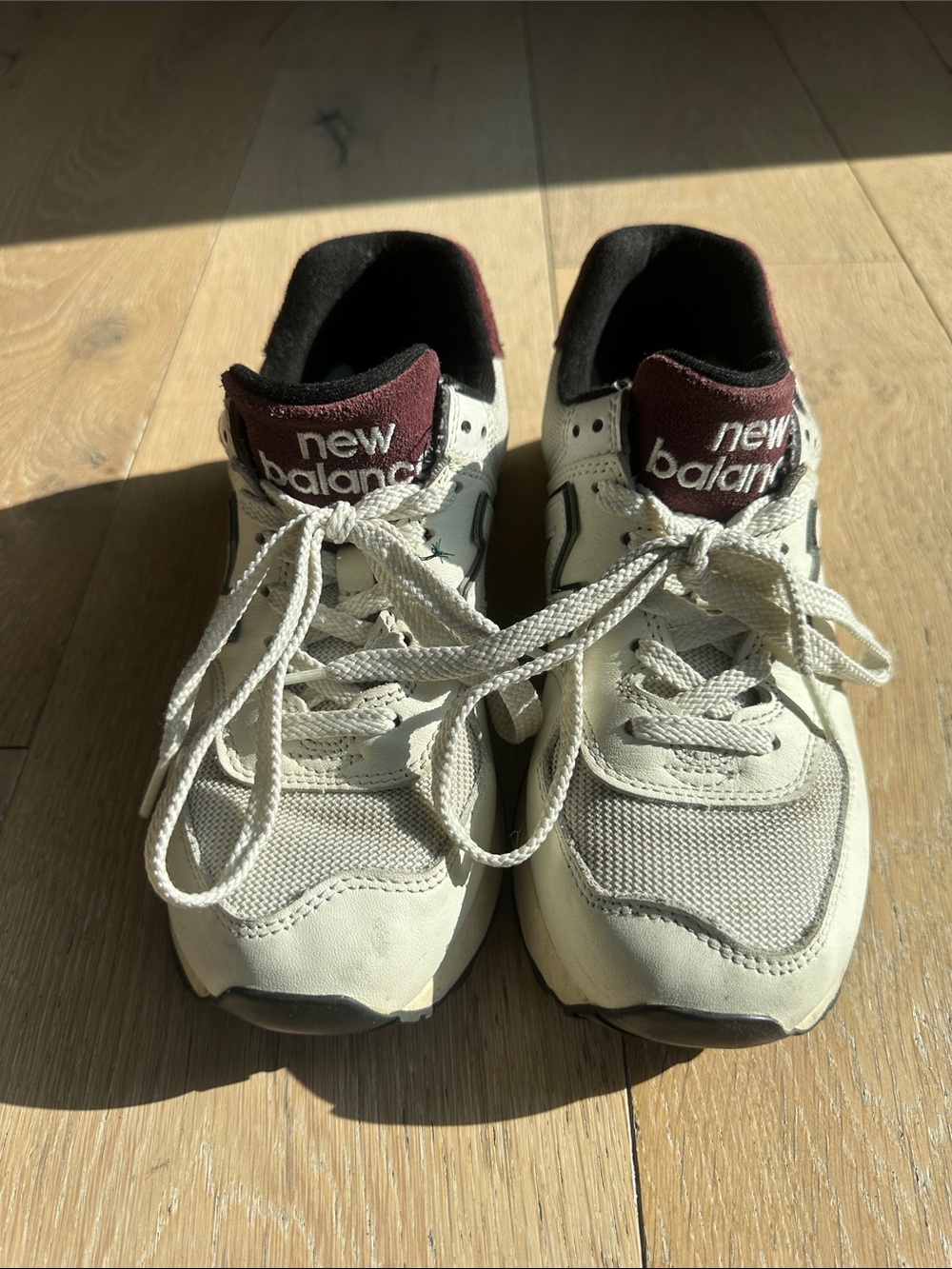 New Balance Cream Sneakers with Burgundy Tongue